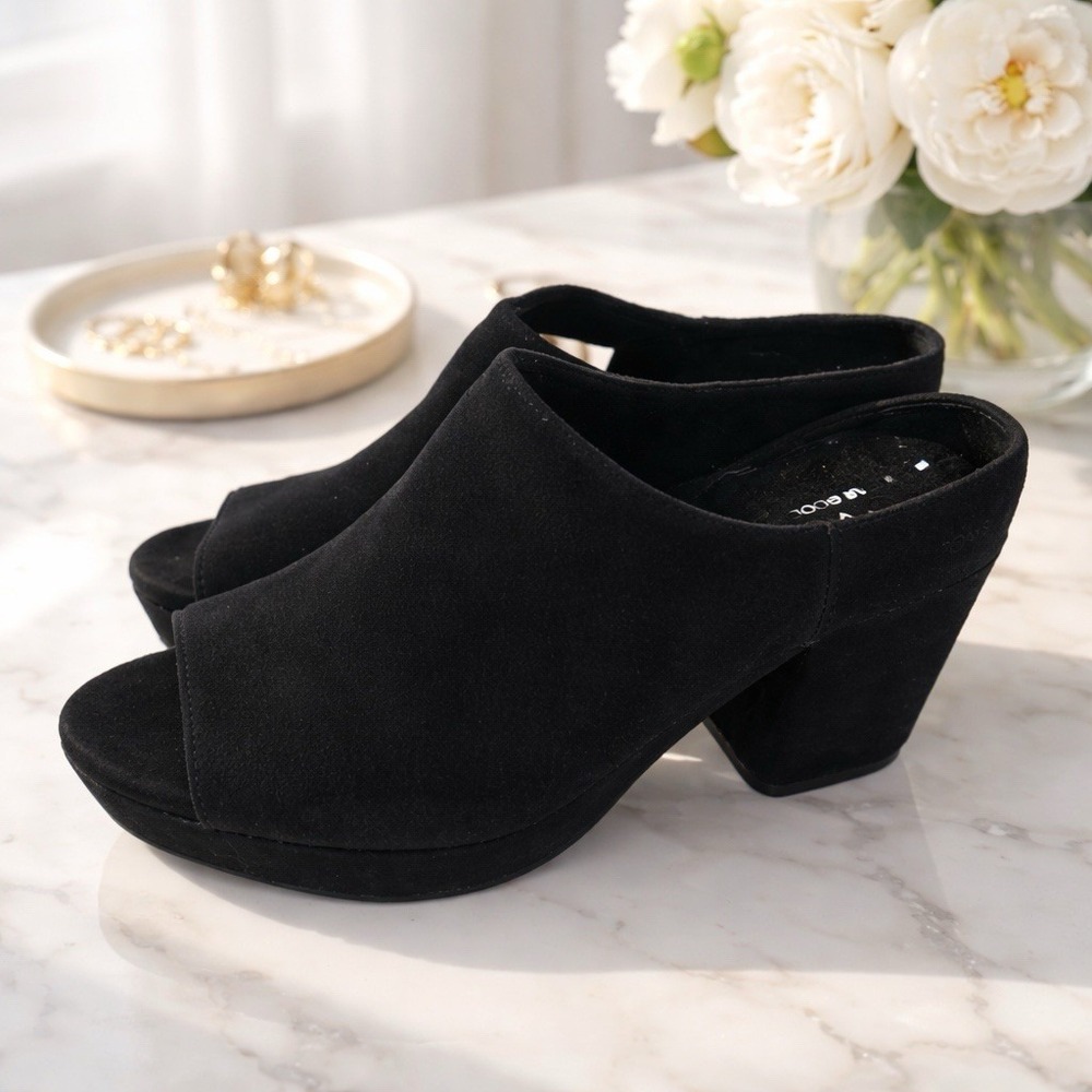 TOMS Black Faux Suede Peep Toe Platform Mules‎ Block Heel Size 9